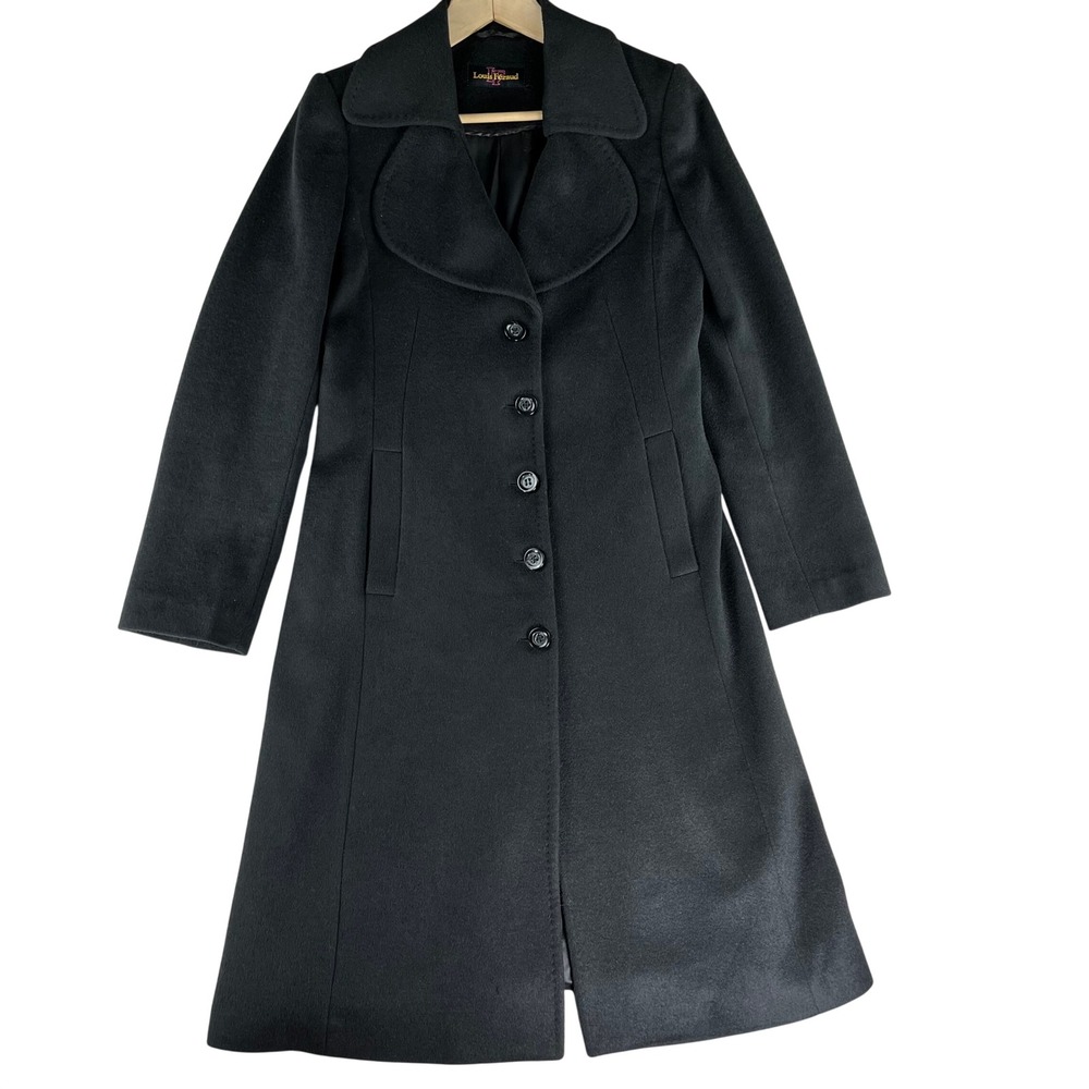 Louis Feraud Wool Blend Long Coat Women 36 Black Button Front Classic Overcoat